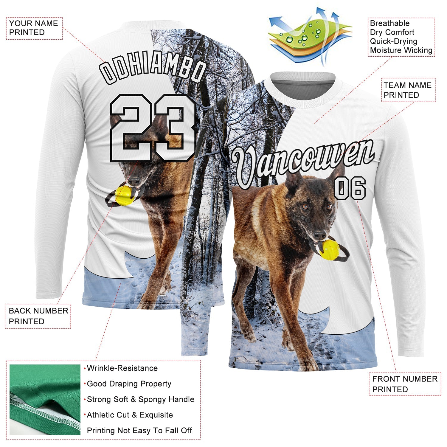 Custom White Black 3D Animal Shepherd Dog Hunting Long Sleeve Performance T-Shirt view 2