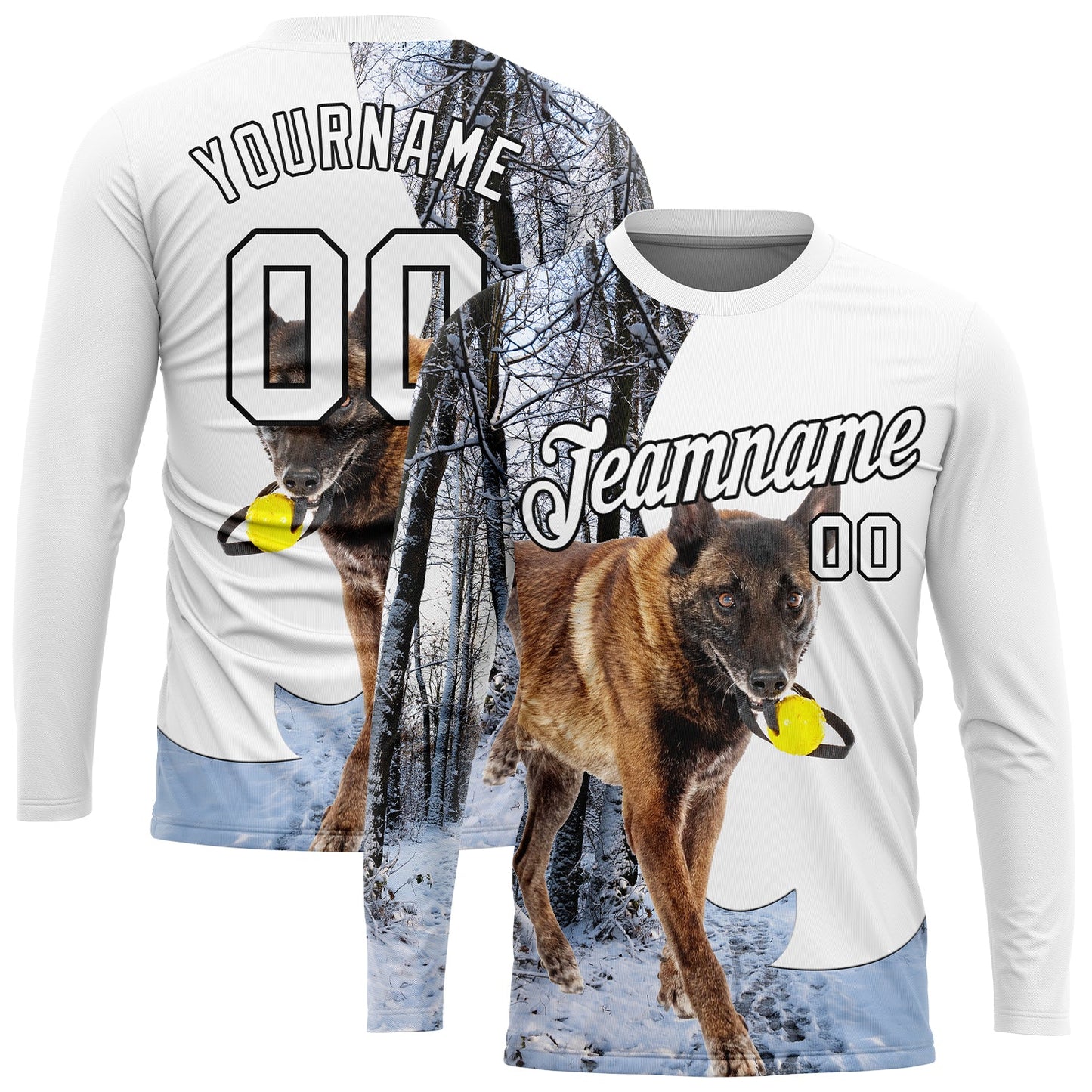 Custom White Black 3D Animal Shepherd Dog Hunting Long Sleeve Performance T-Shirt - Main View