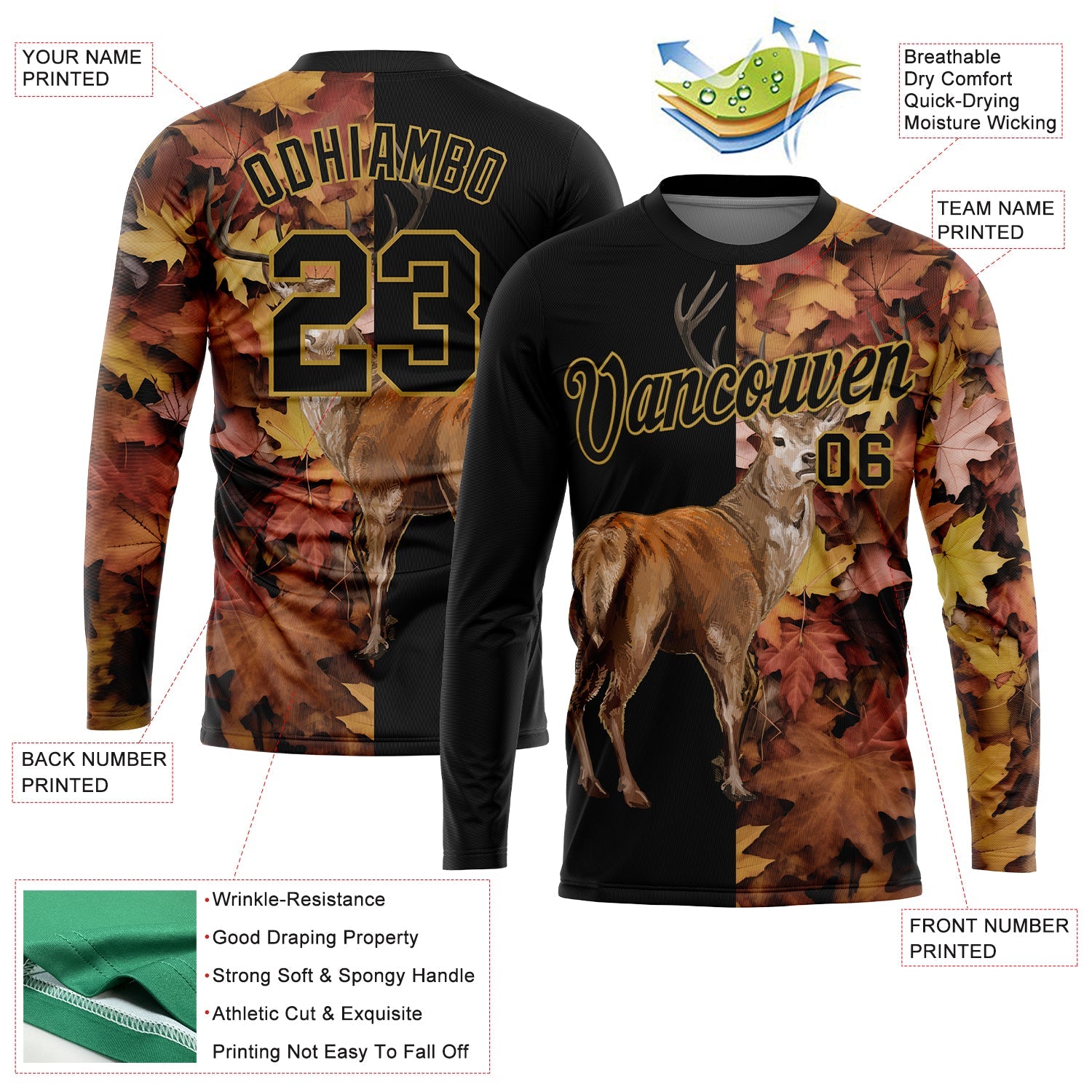 Custom Black Old Gold 3D Animal Deer Hunting Long Sleeve Performance T-Shirt view 2