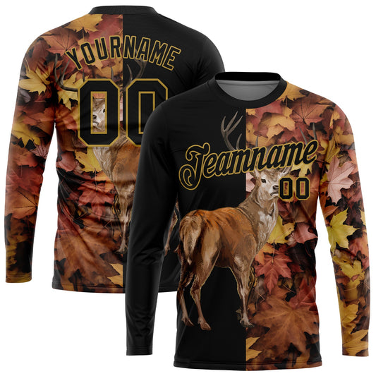 Custom Black Old Gold 3D Animal Deer Hunting Long Sleeve Performance T-Shirt - Main View