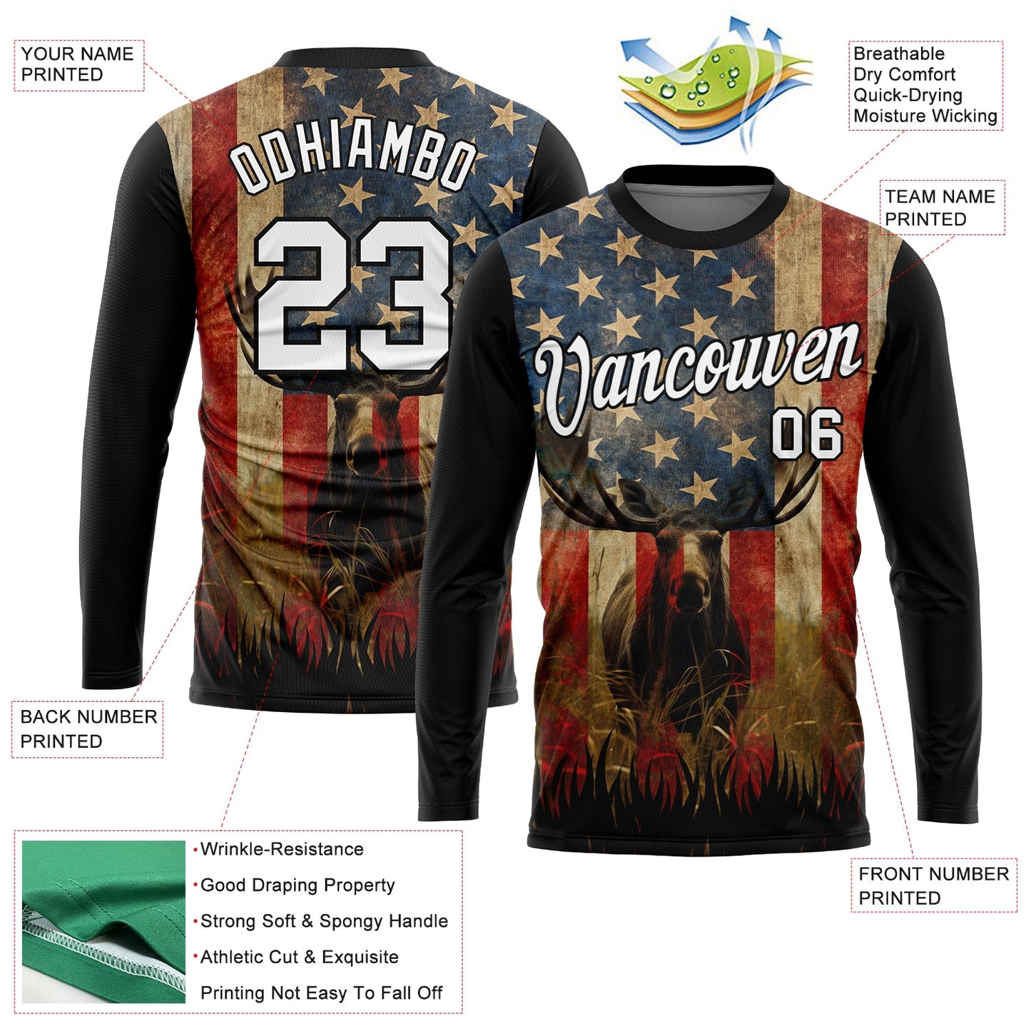 Custom Black White 3D Animal Deer Hunting American Flag Long Sleeve Performance T-Shirt view 2