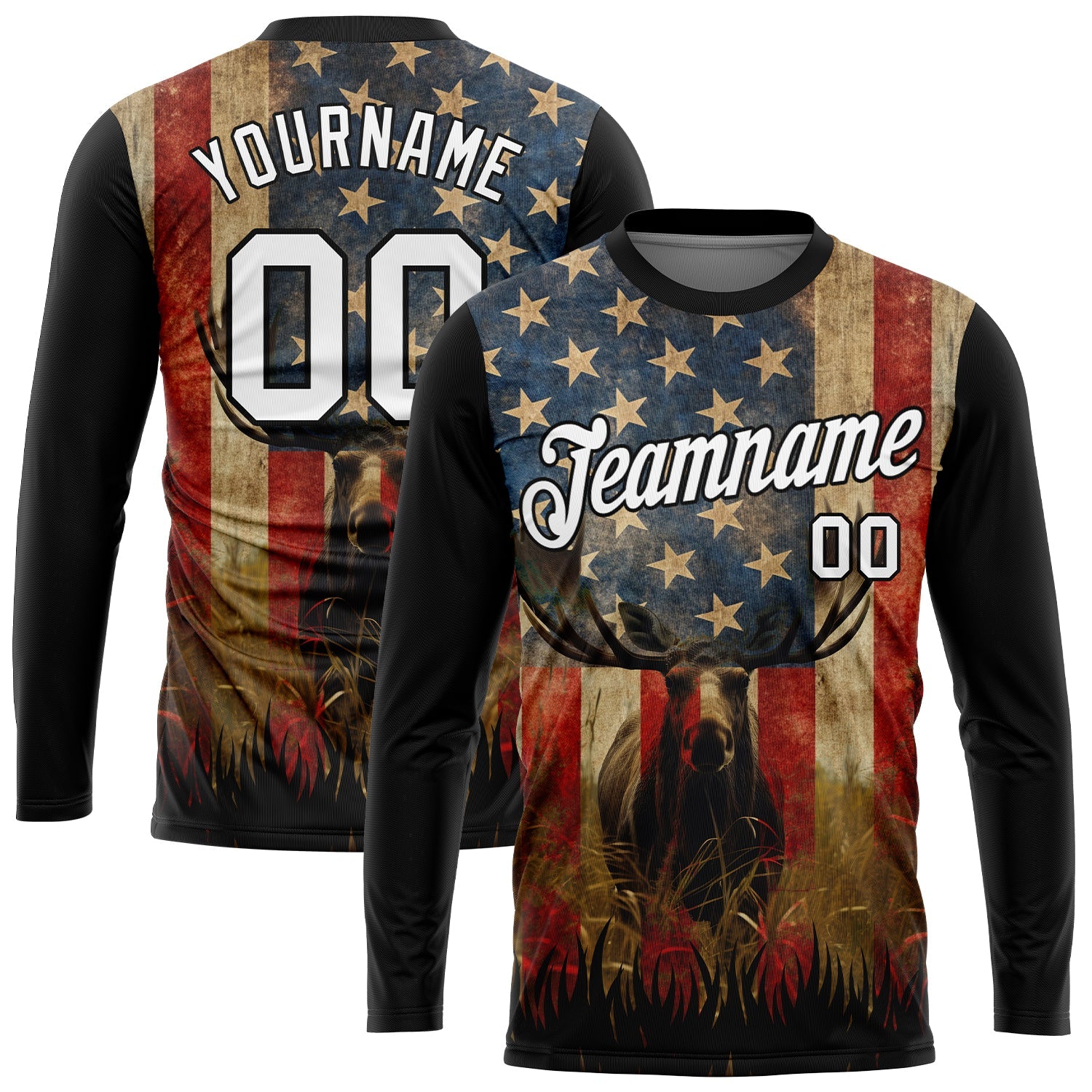Custom Black White 3D Animal Deer Hunting American Flag Long Sleeve Performance T-Shirt - Main View