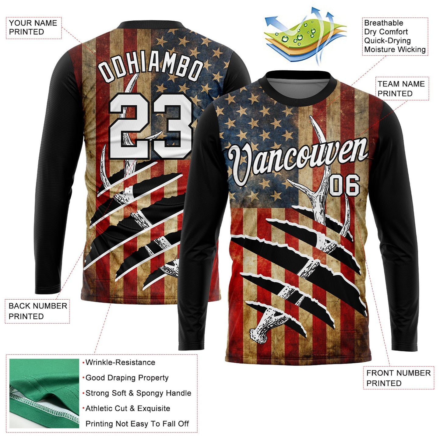 Custom Black White 3D Animal Deer Hunting American Flag Long Sleeve Performance T-Shirt view 2