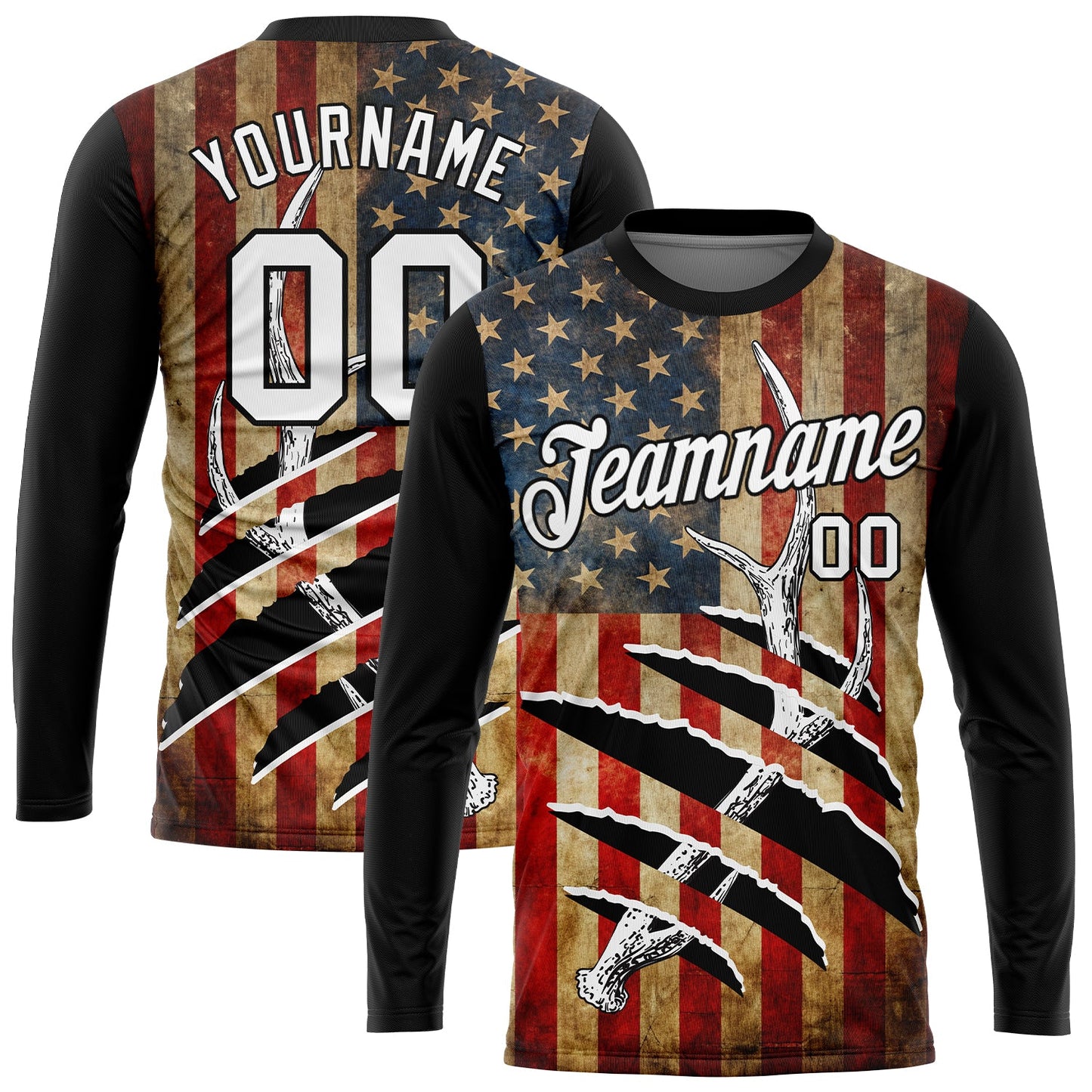 Custom Black White 3D Animal Deer Hunting American Flag Long Sleeve Performance T-Shirt - Main View