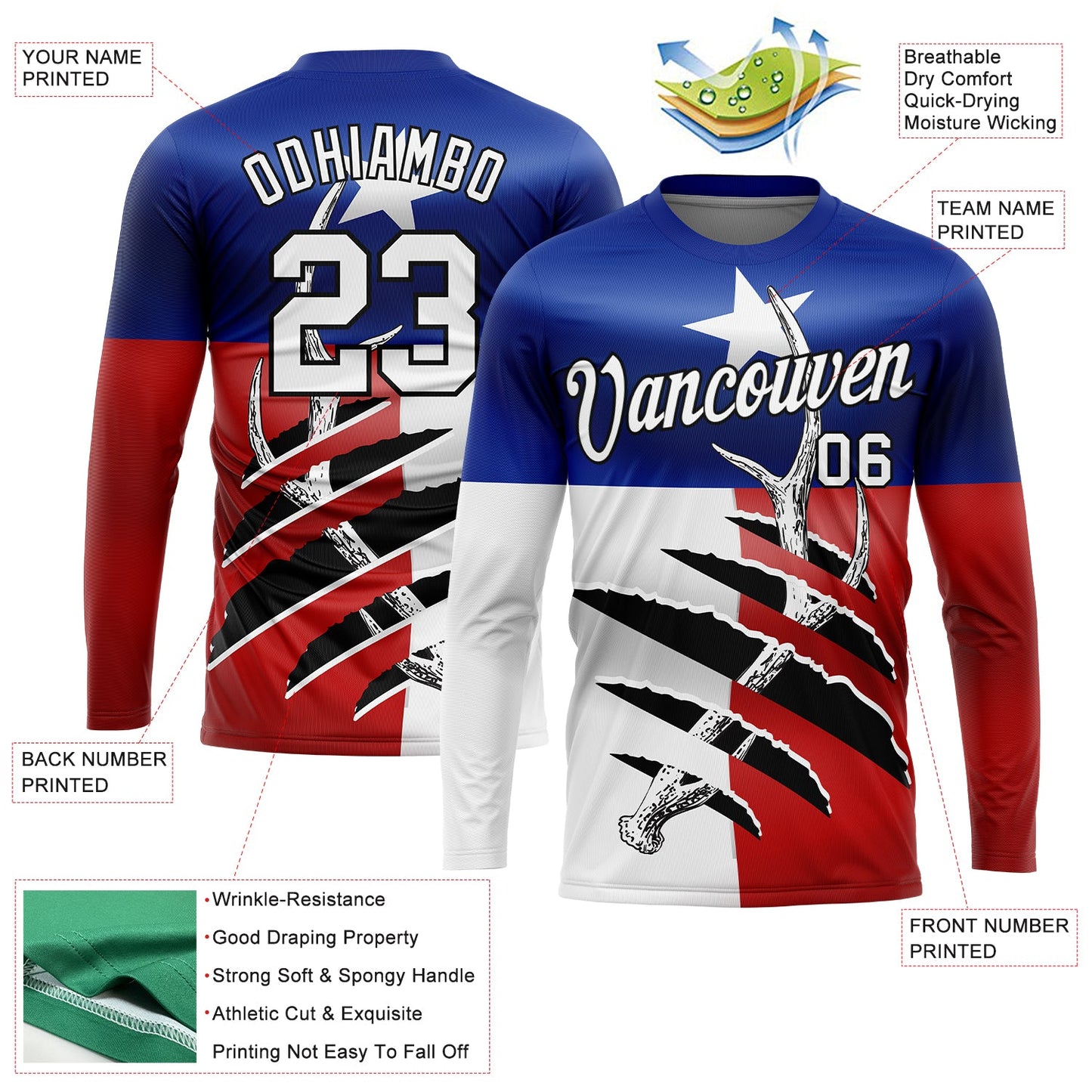 Custom Royal Red-Black 3D Animal Deer Hunting Texas Flag Long Sleeve Performance T-Shirt view 2
