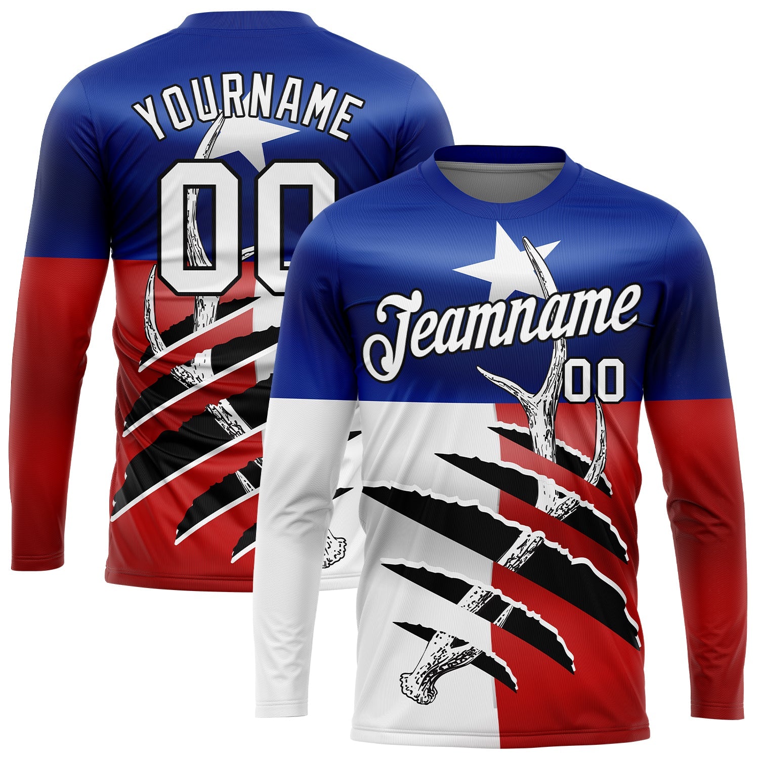 Custom Royal Red-Black 3D Animal Deer Hunting Texas Flag Long Sleeve Performance T-Shirt - Main View