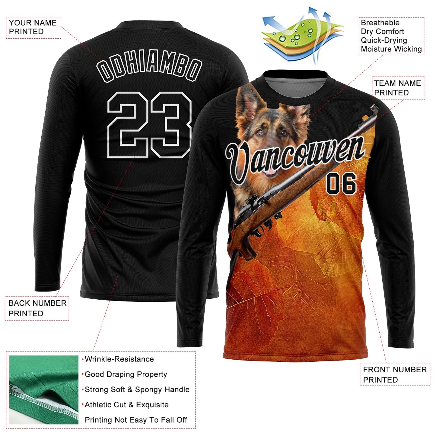 Custom Black White 3D Animal Shepherd Dog Hunting Tool Gun Long Sleeve Performance T-Shirt view 2