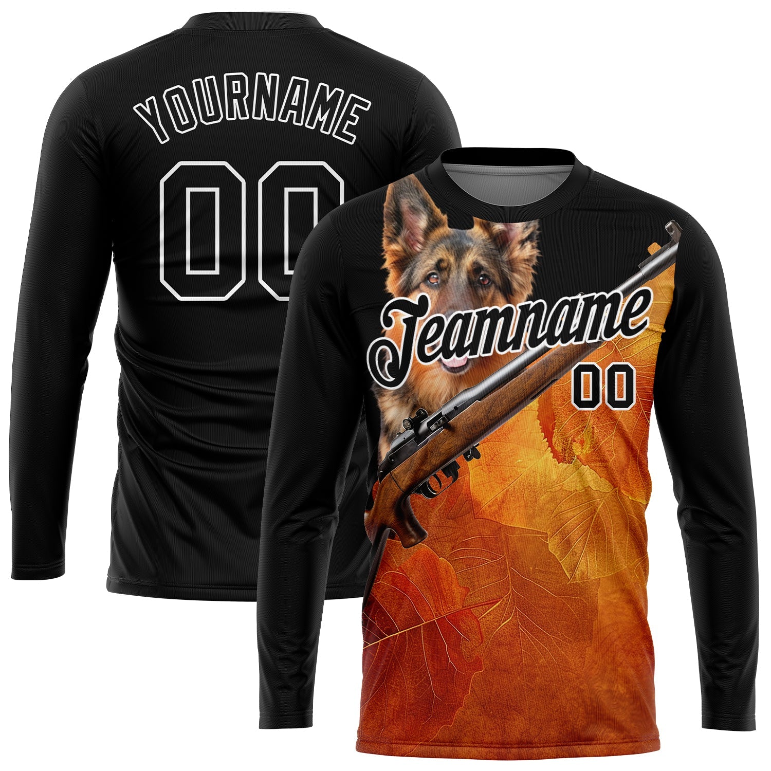 Custom Black White 3D Animal Shepherd Dog Hunting Tool Gun Long Sleeve Performance T-Shirt - Main View