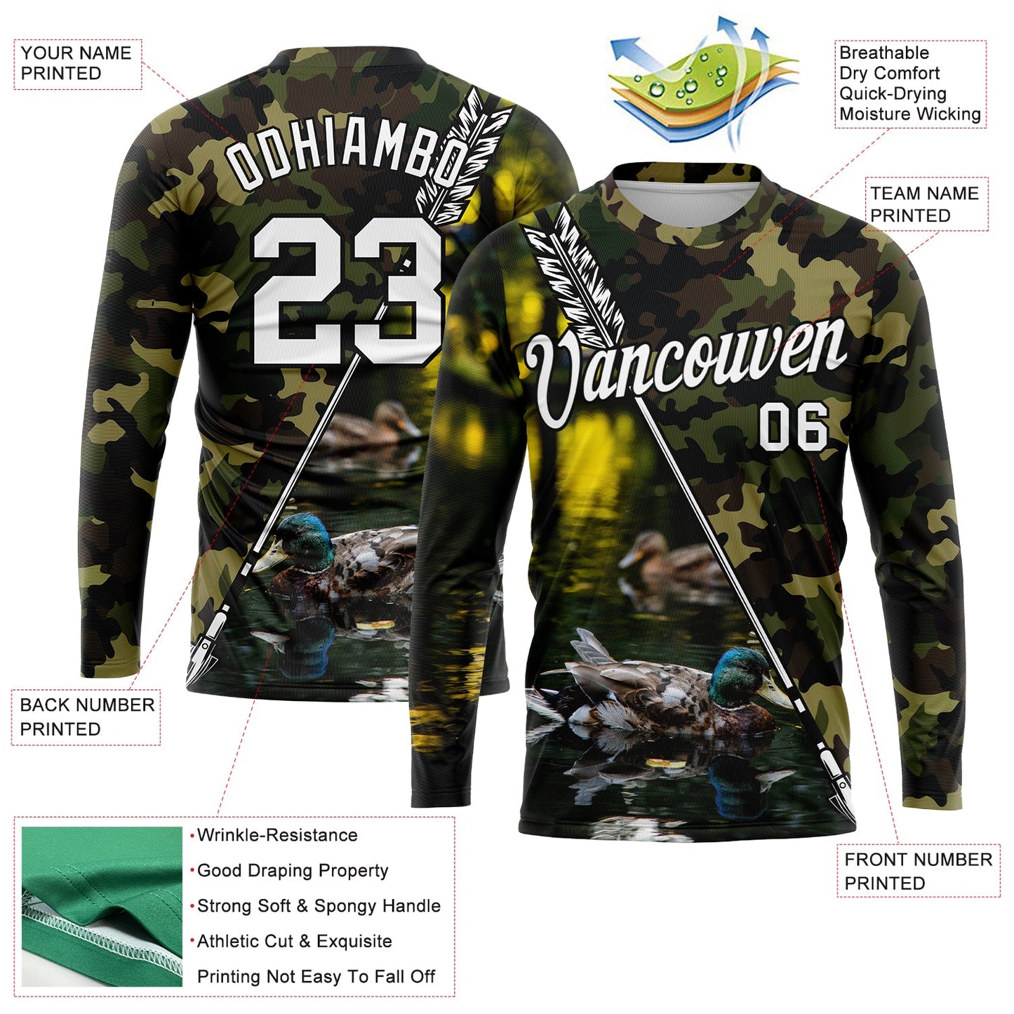 Custom Camo White-Black 3D Animal Duck Hunting Tool Arrow Long Sleeve Performance T-Shirt view 2