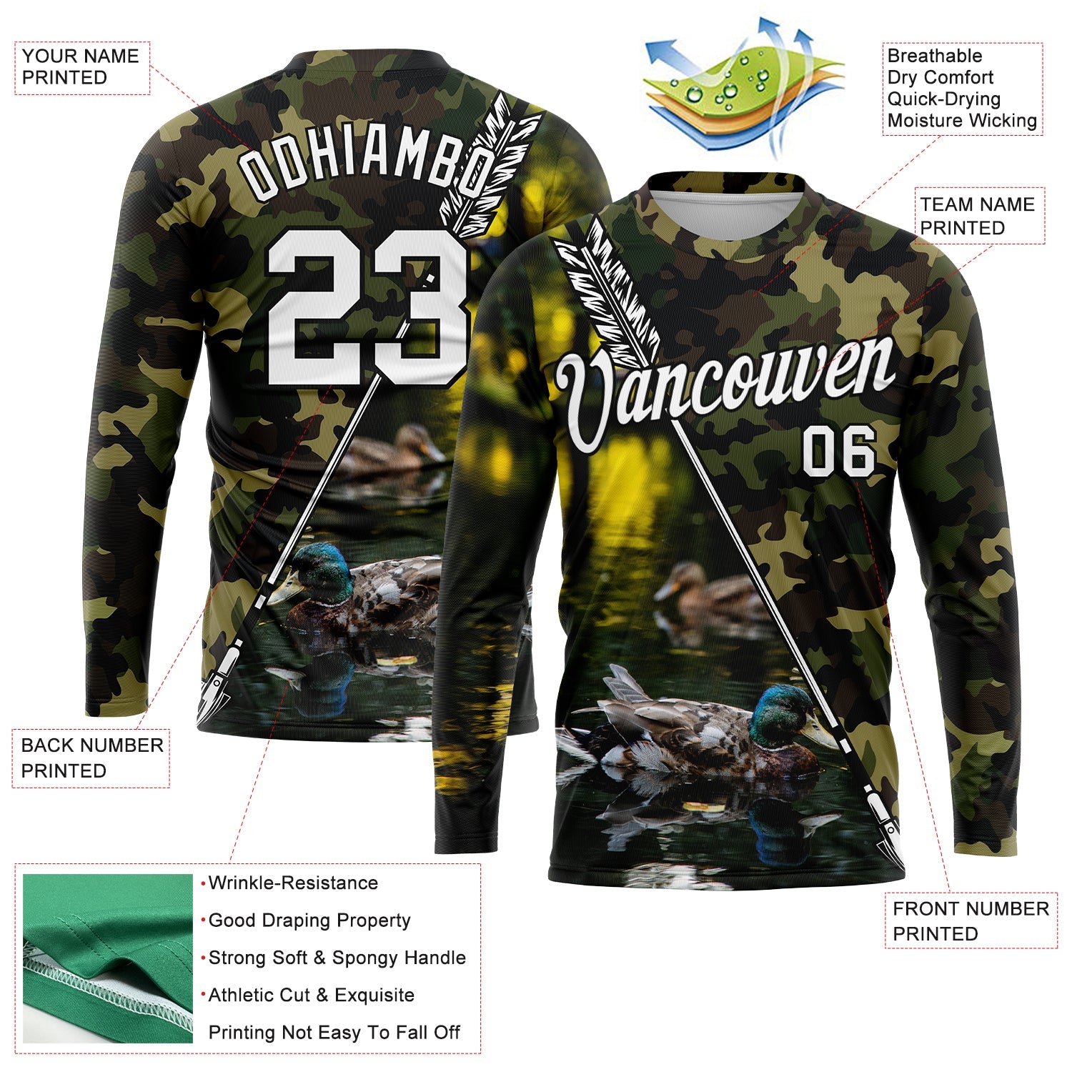 Custom Camo White-Black 3D Animal Duck Hunting Tool Arrow Long Sleeve Performance T-Shirt view 2