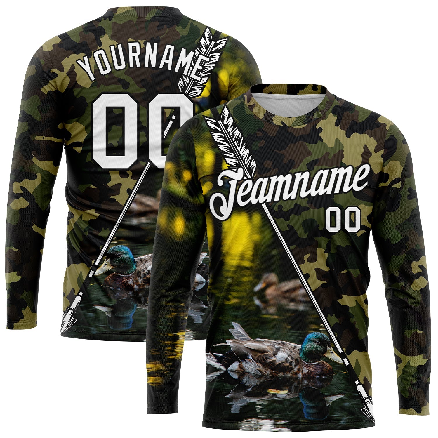 Custom Camo White-Black 3D Animal Duck Hunting Tool Arrow Long Sleeve Performance T-Shirt - Main View
