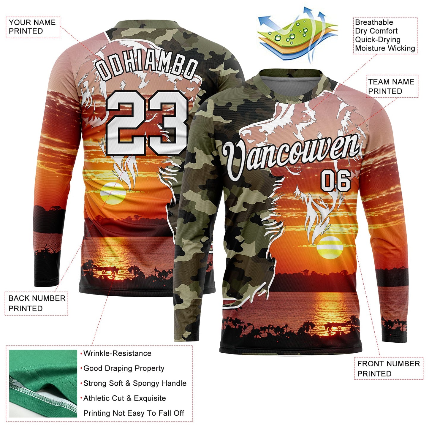 Custom Camo White-Black 3D Animal Dog Hunting Long Sleeve Performance T-Shirt view 2