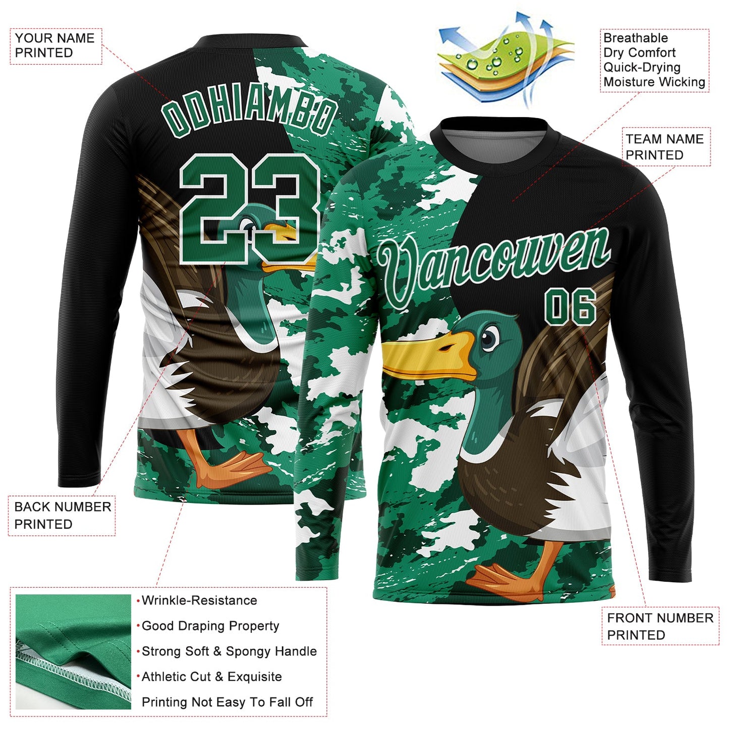 Custom Black Kelly Green-Camo 3D Animal Duck Hunting Long Sleeve Performance T-Shirt view 2