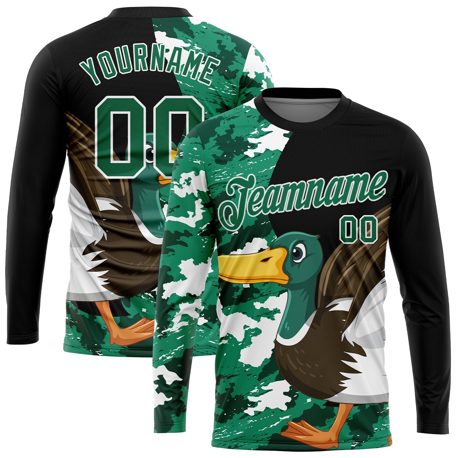 Custom Black Kelly Green-Camo 3D Animal Duck Hunting Long Sleeve Performance T-Shirt - Main View