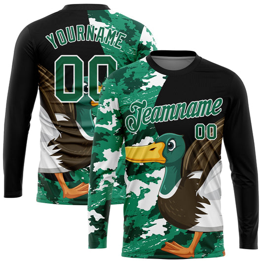 Custom Black Kelly Green-Camo 3D Animal Duck Hunting Long Sleeve Performance T-Shirt - Main View