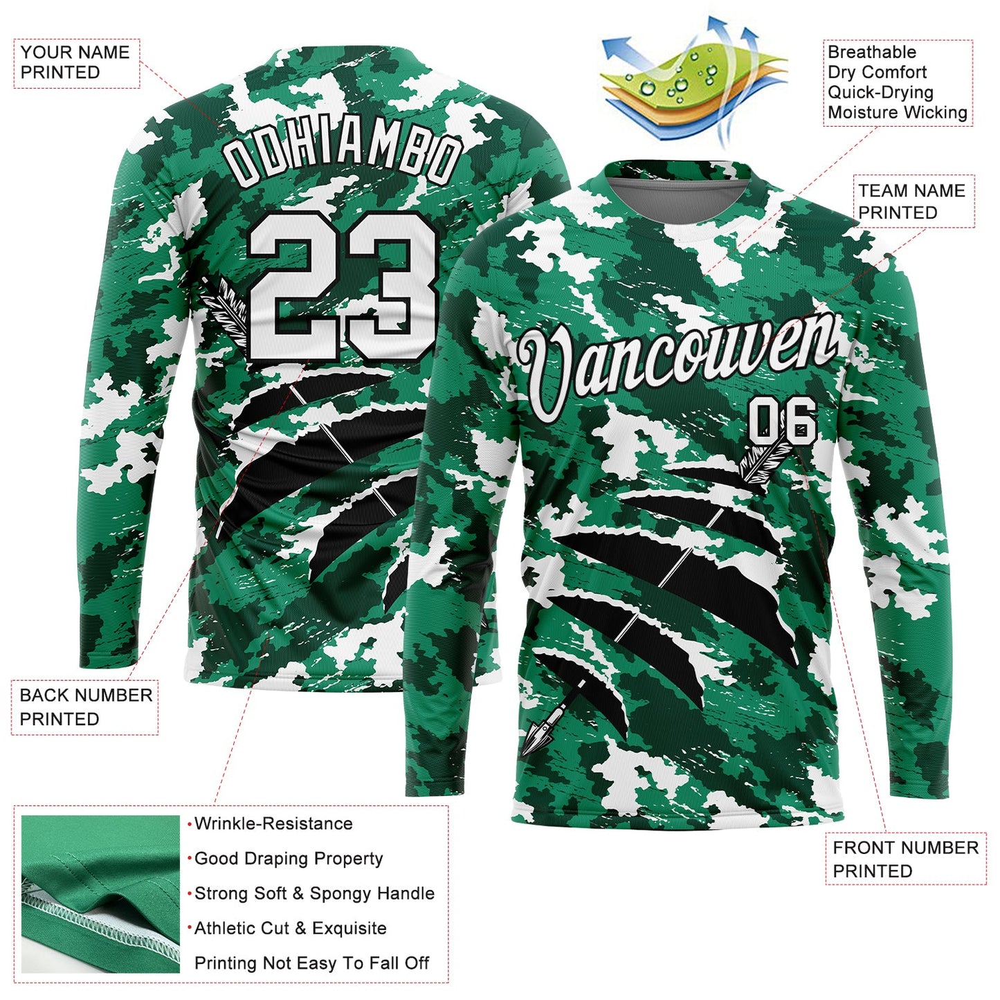 Custom Camo White-Black 3D Hunting Tool Arrow Long Sleeve Performance T-Shirt view 2