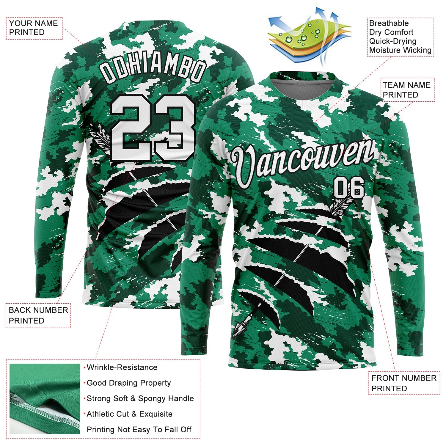 Custom Camo White-Black 3D Hunting Tool Arrow Long Sleeve Performance T-Shirt view 2