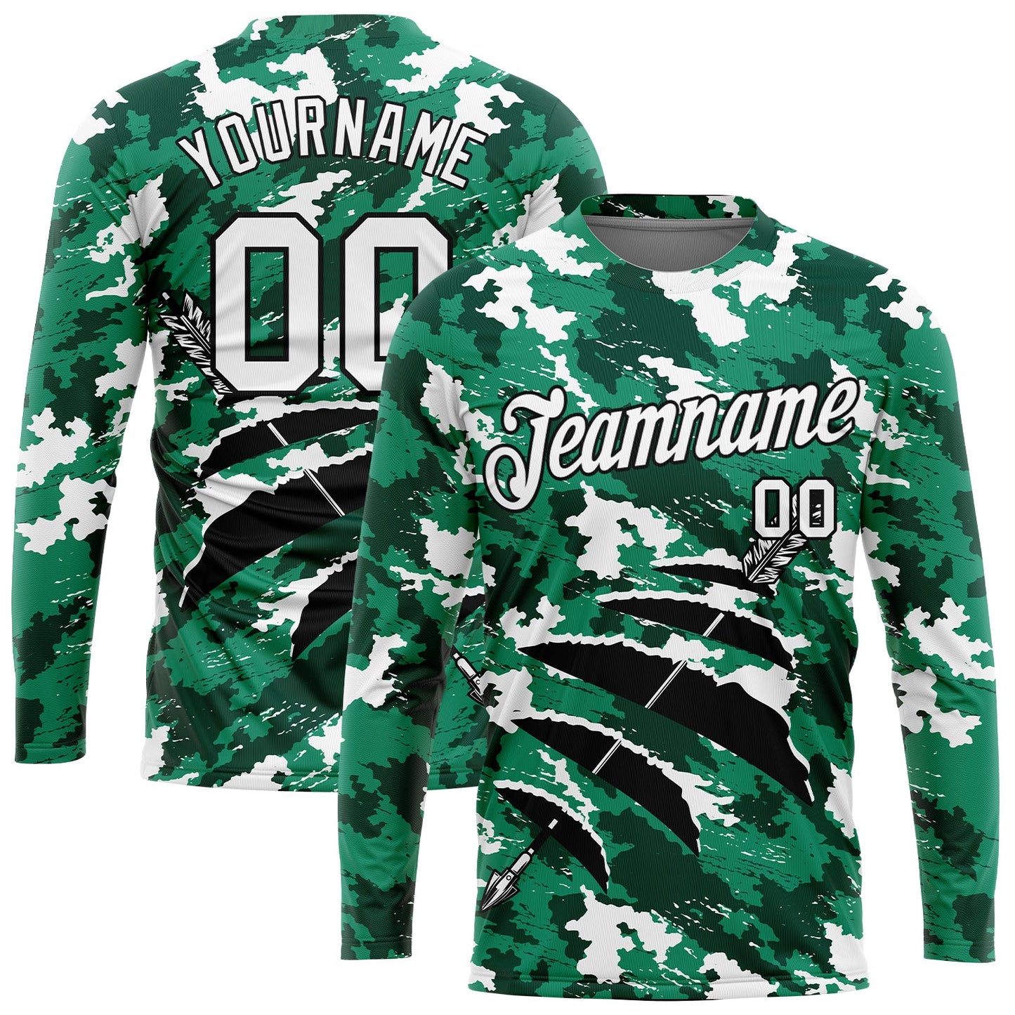 Custom Camo White-Black 3D Hunting Tool Arrow Long Sleeve Performance T-Shirt - Main View