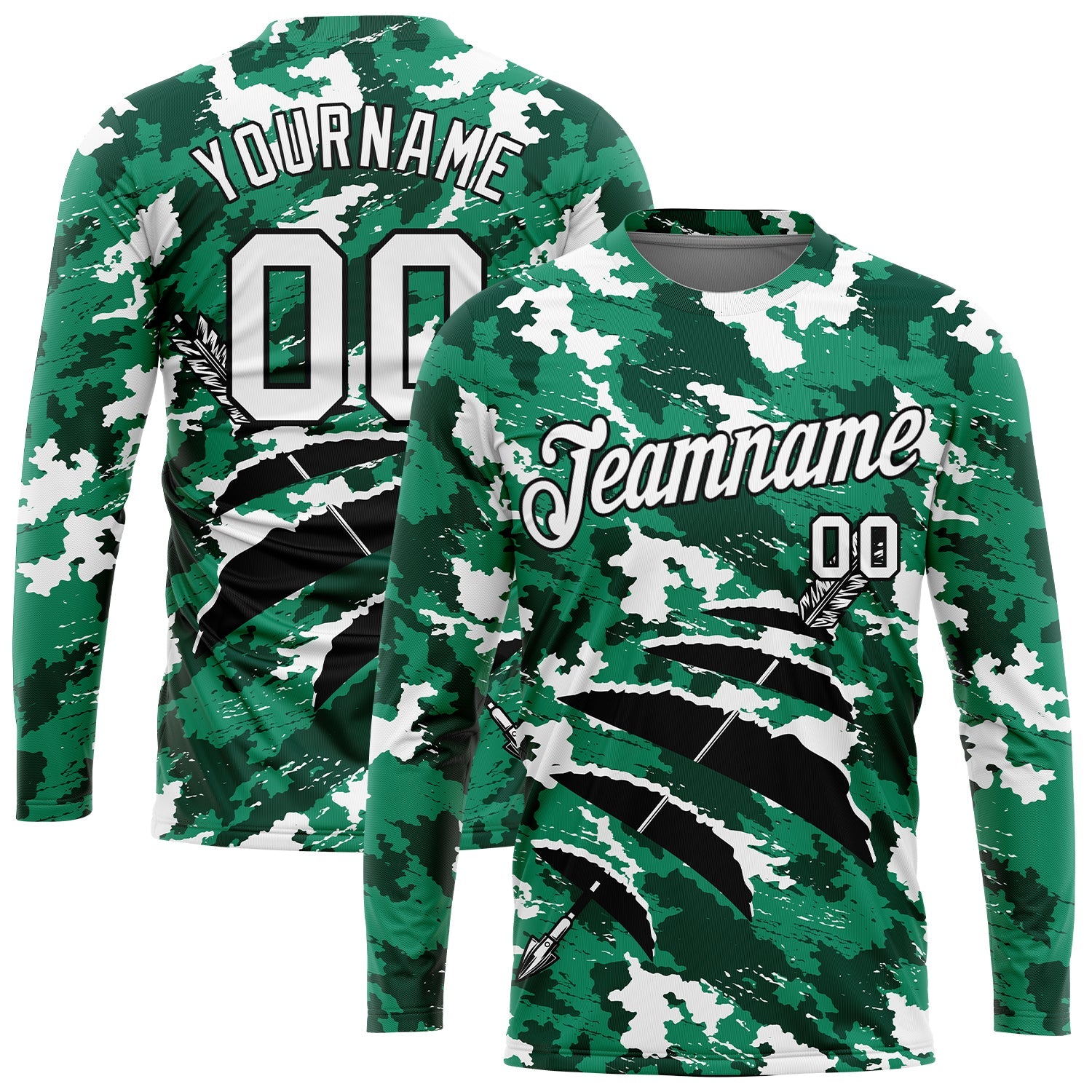 Custom Camo White-Black 3D Hunting Tool Arrow Long Sleeve Performance T-Shirt - Main View