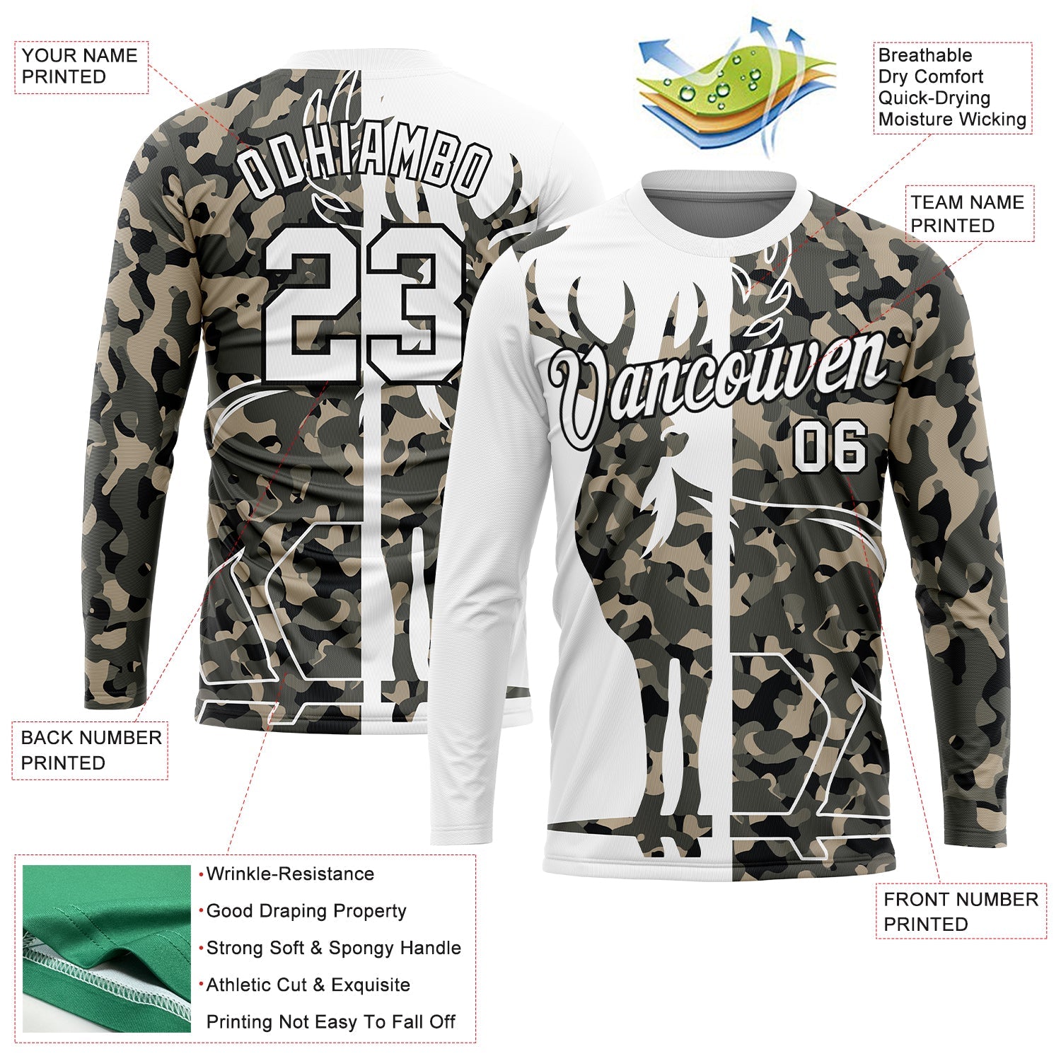 Custom Camo White-Black 3D Animal Deer Hunting Long Sleeve Performance T-Shirt view 2