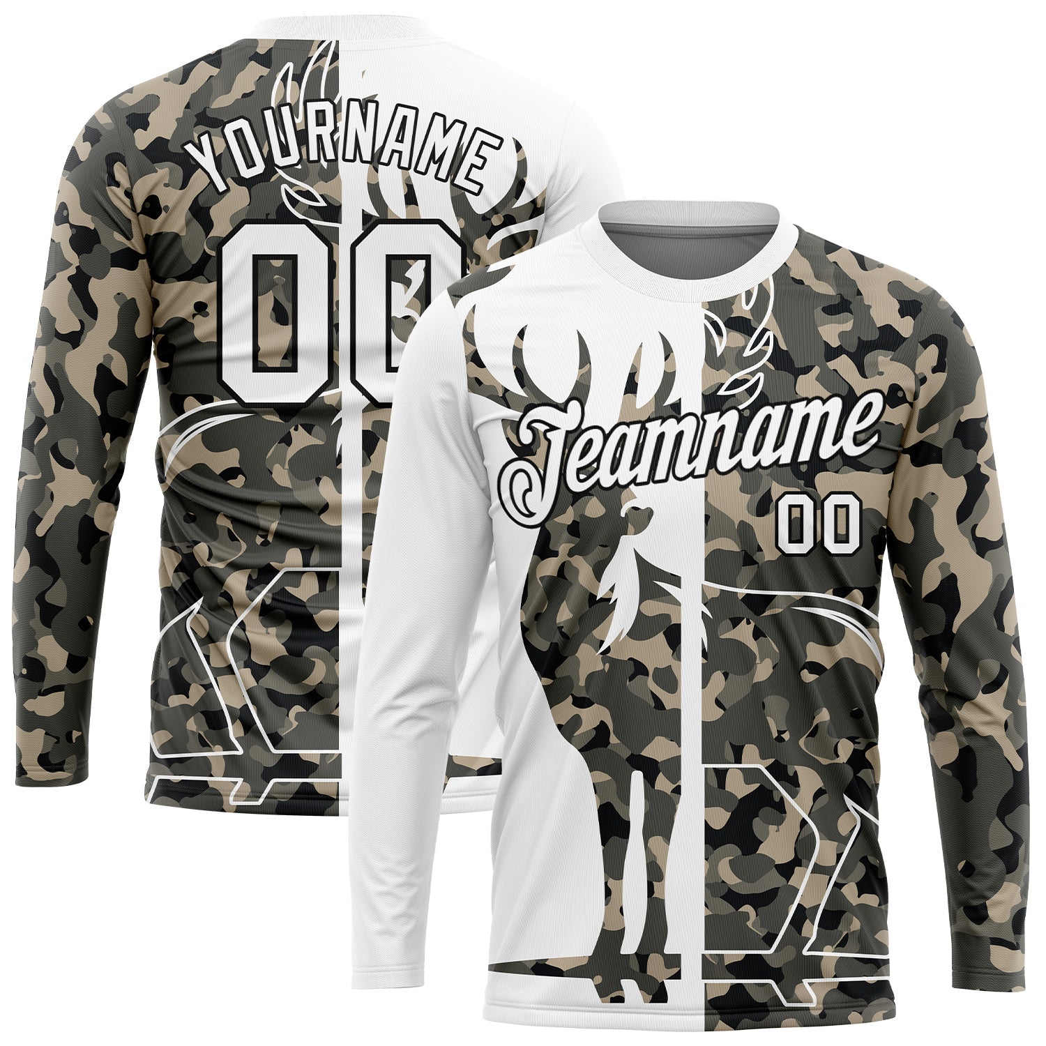 Custom Camo White-Black 3D Animal Deer Hunting Long Sleeve Performance T-Shirt - Main View