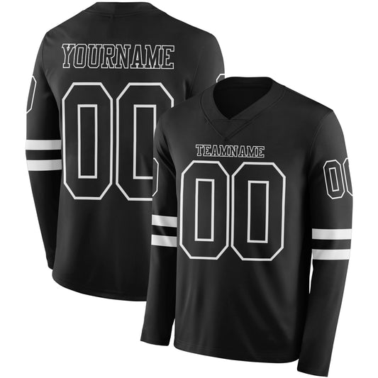 Custom Black White Long Sleeve Authentic Football Jersey - Main View