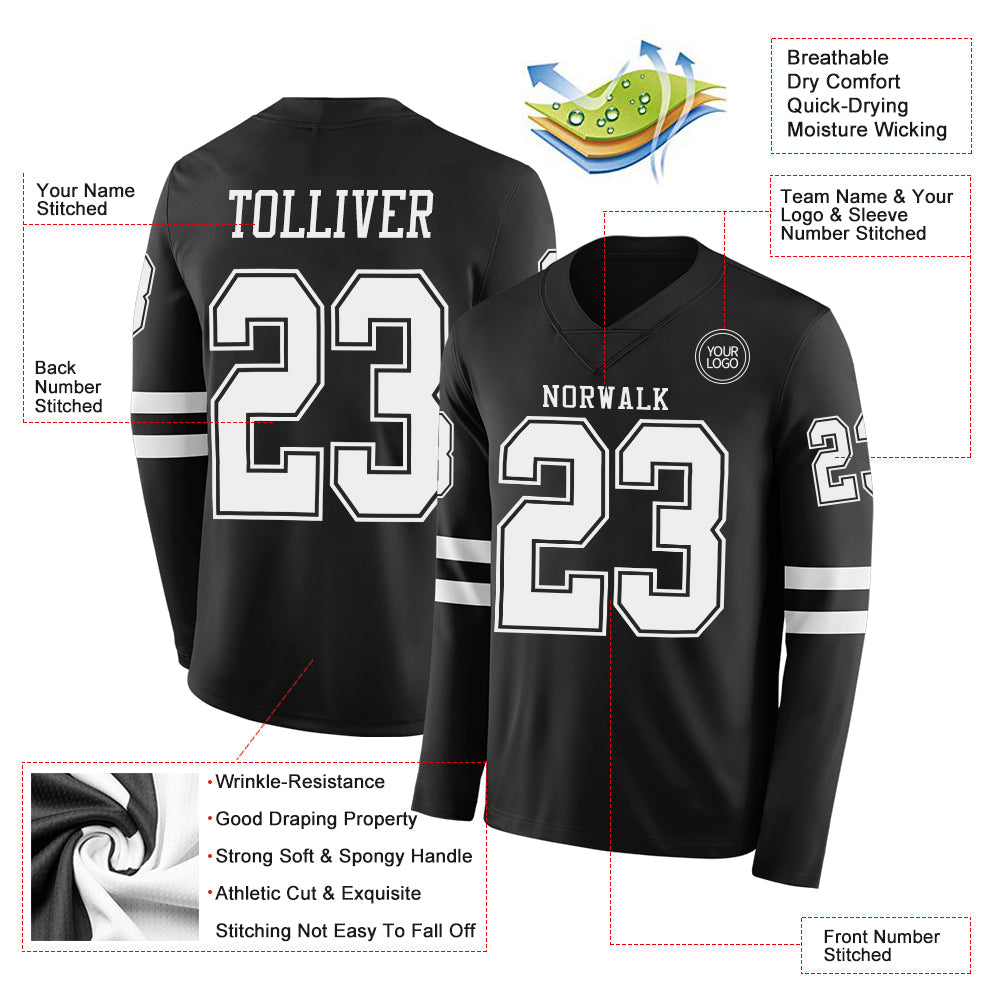 Custom Black White Long Sleeve Authentic Football Jersey view 2