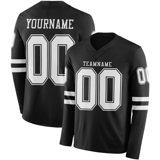 Custom Black White Long Sleeve Authentic Football Jersey - Main View