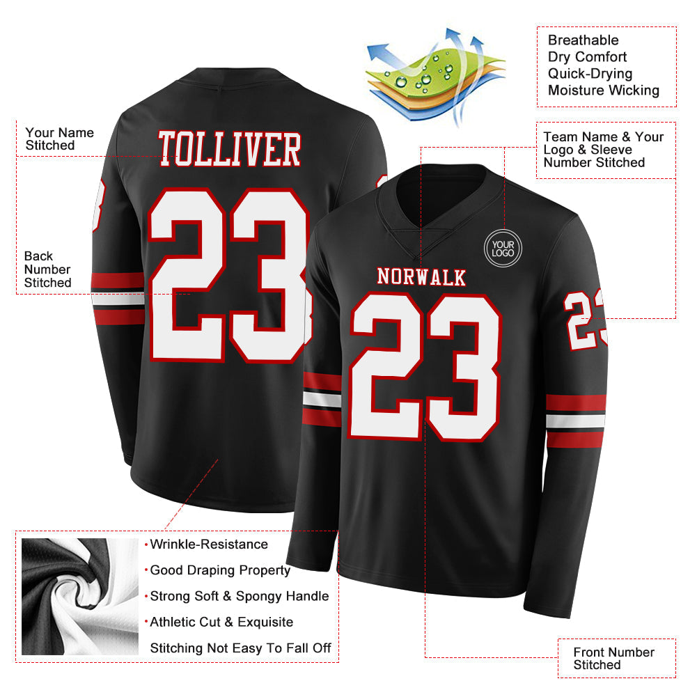 Custom Black White-Red Long Sleeve Authentic Football Jersey view 2