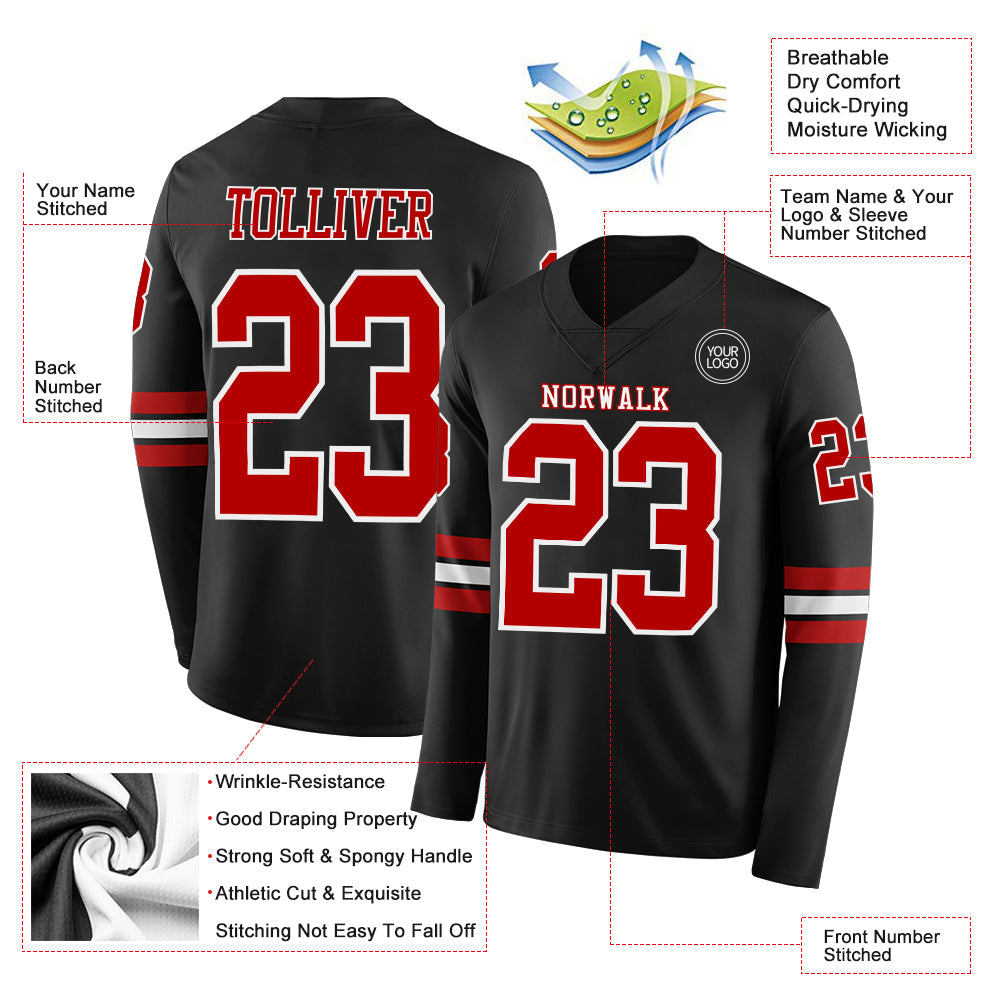 Custom Black Red-White Long Sleeve Authentic Football Jersey view 2