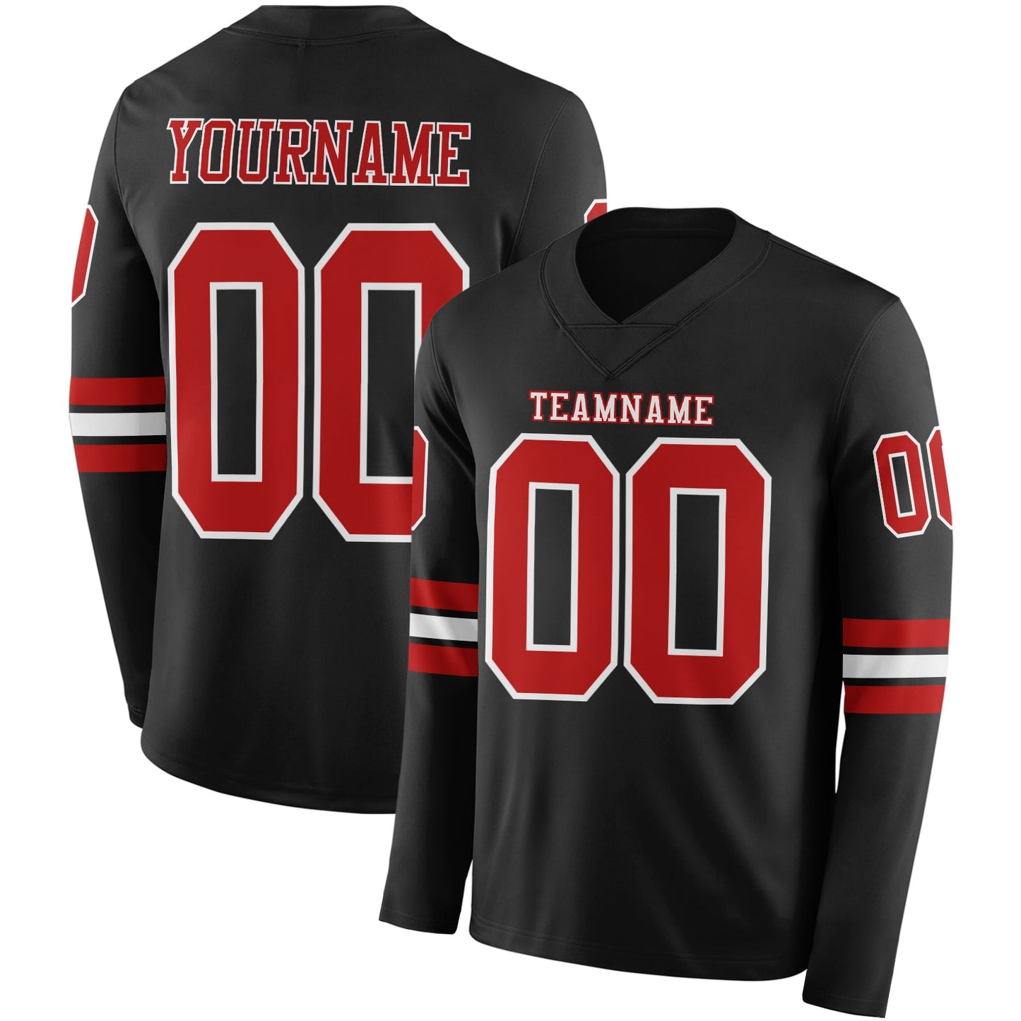 Custom Black Red-White Long Sleeve Authentic Football Jersey - Main View