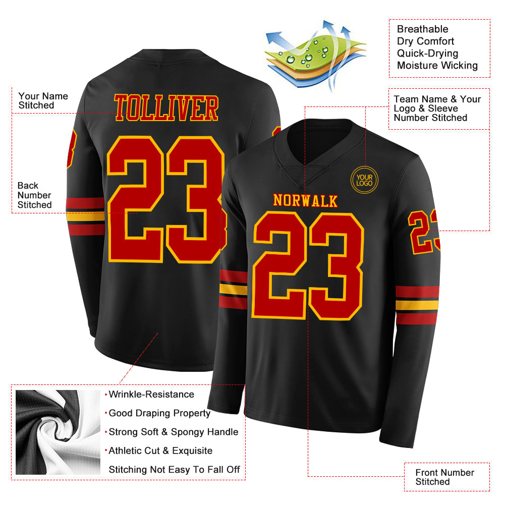 Custom Black Red-Gold Long Sleeve Authentic Football Jersey view 2