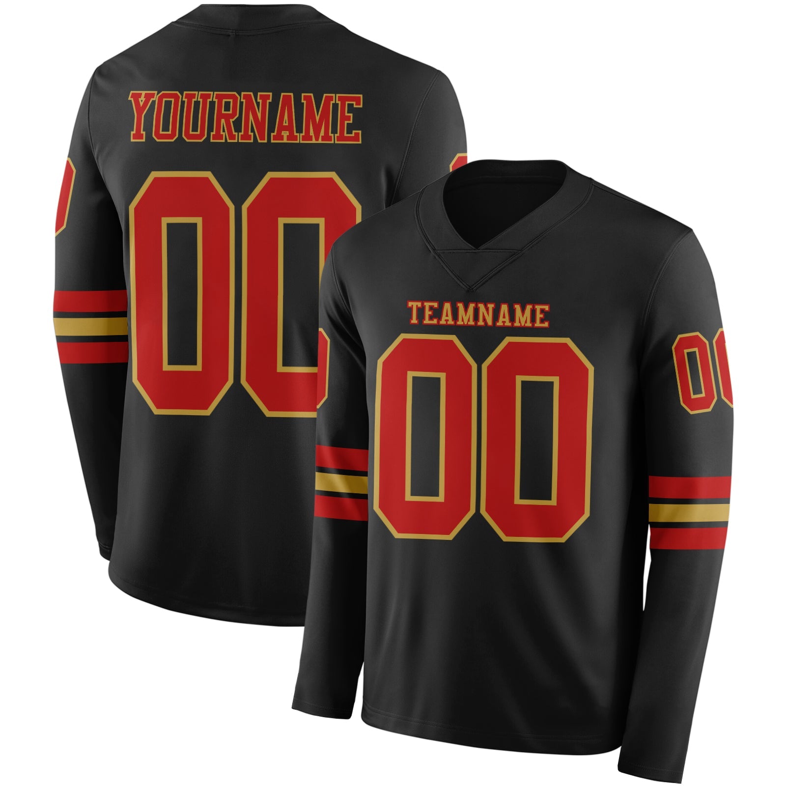 Custom Black Red-Old Gold Long Sleeve Authentic Football Jersey - Main View