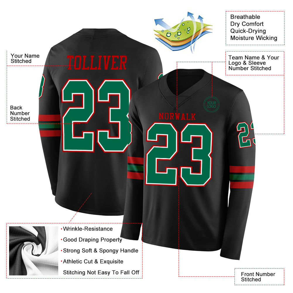 Custom Black Kelly Green White-Red Long Sleeve Authentic Football Jersey view 2