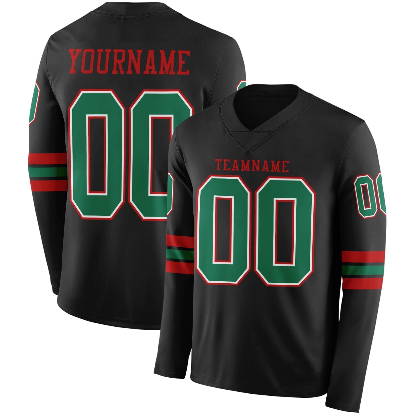 Custom Black Kelly Green White-Red Long Sleeve Authentic Football Jersey - Main View