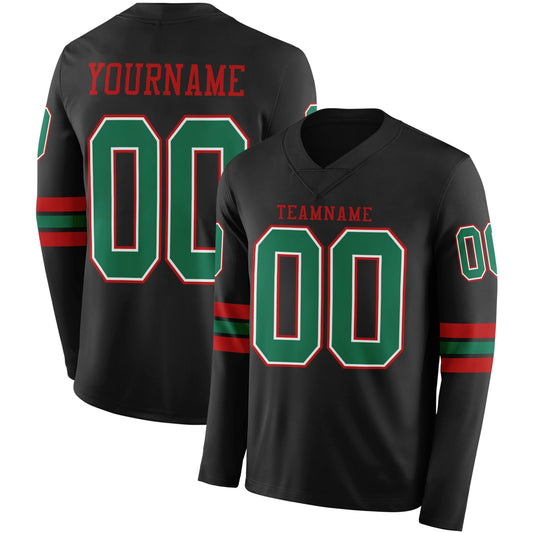 Custom Black Kelly Green White-Red Long Sleeve Authentic Football Jersey - Main View