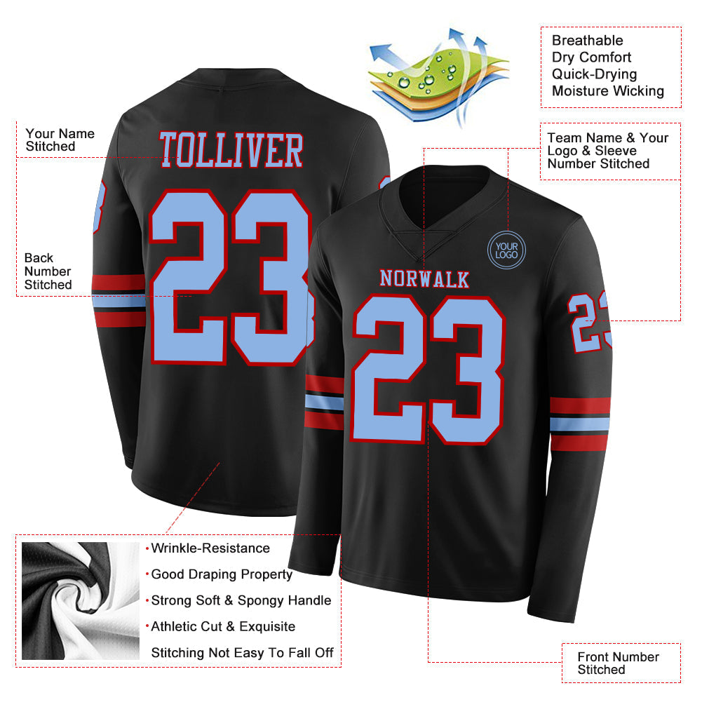 Custom Black Light Blue-Red Long Sleeve Authentic Football Jersey view 2