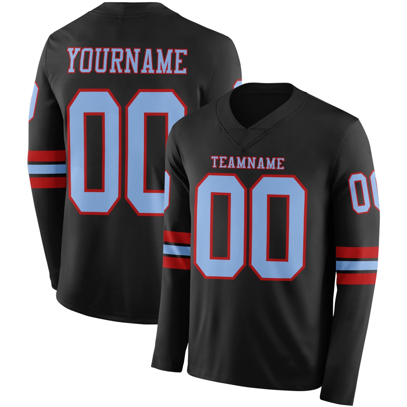 Custom Black Light Blue-Red Long Sleeve Authentic Football Jersey - Main View