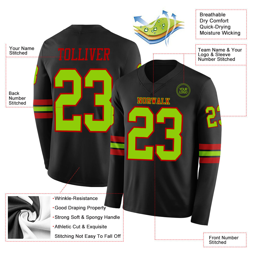 Custom Black Neon Green-Red Long Sleeve Authentic Football Jersey view 2