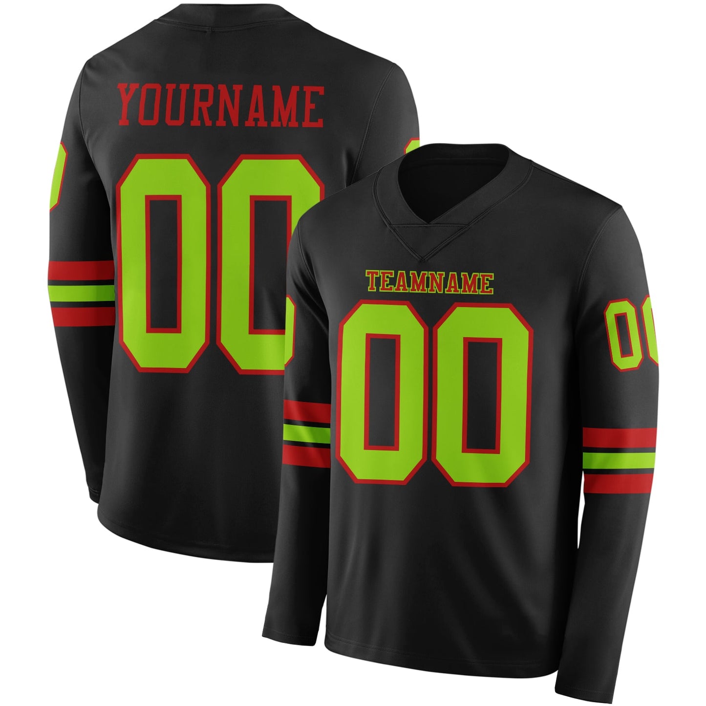 Custom Black Neon Green-Red Long Sleeve Authentic Football Jersey - Main View
