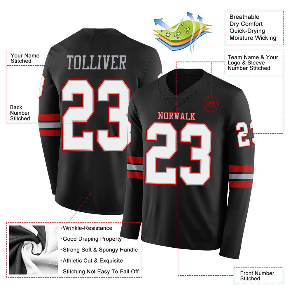 Custom Black White Gray-Red Long Sleeve Authentic Football Jersey view 2