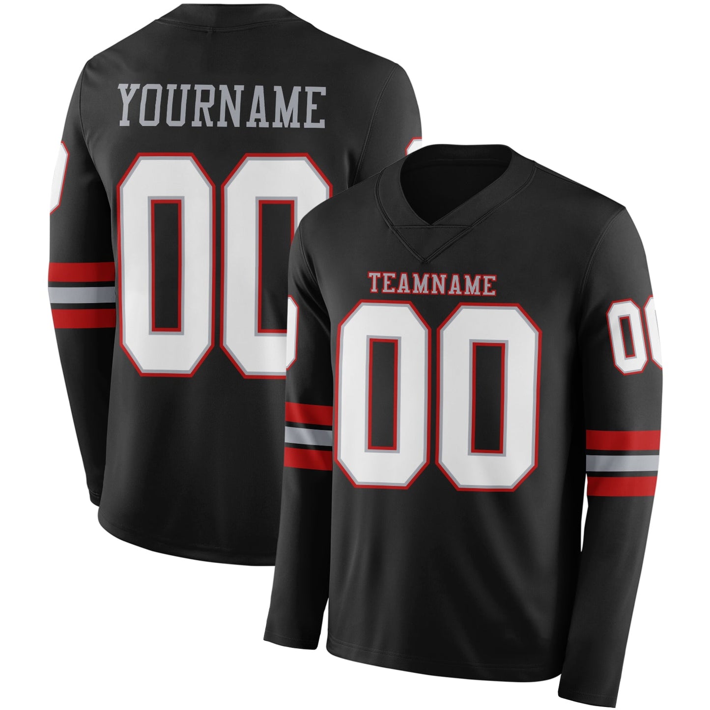Custom Black White Gray-Red Long Sleeve Authentic Football Jersey - Main View