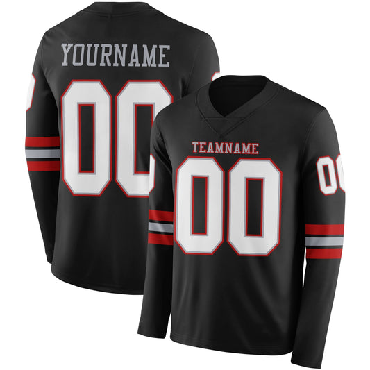 Custom Black White Gray-Red Long Sleeve Authentic Football Jersey - Main View