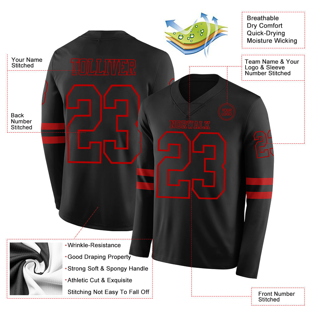 Custom Black Red Long Sleeve Authentic Football Jersey view 2