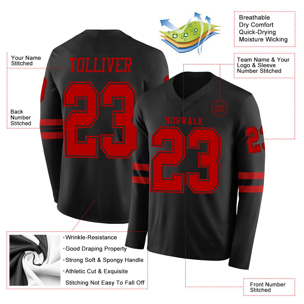 Custom Black Red Long Sleeve Authentic Football Jersey view 2