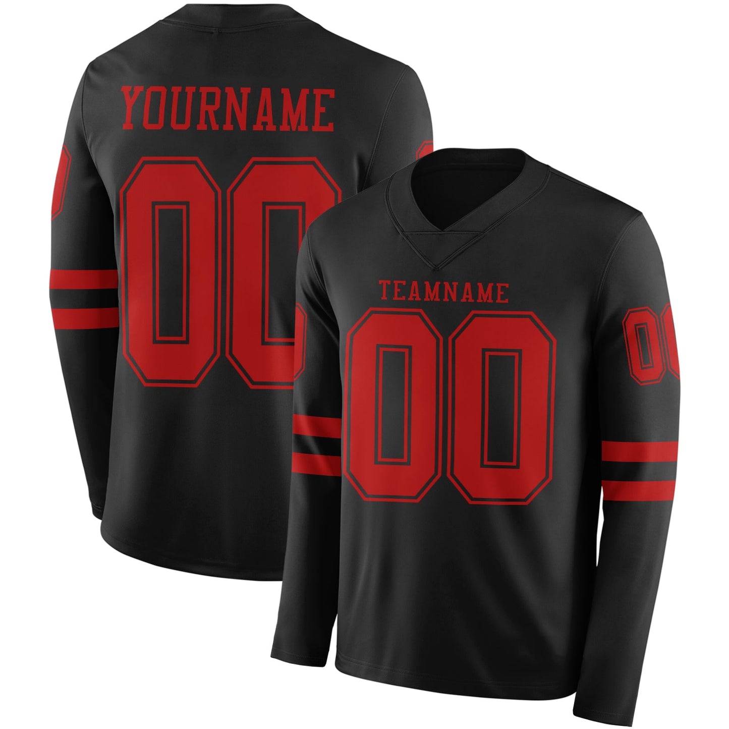 Custom Black Red Long Sleeve Authentic Football Jersey - Main View