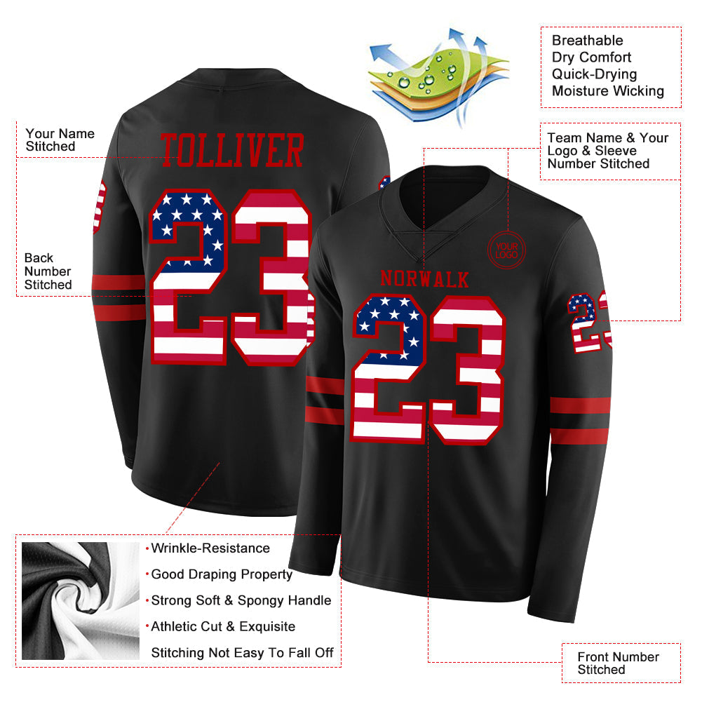 Custom Black USA Flag-Red Long Sleeve Authentic Football Jersey view 2