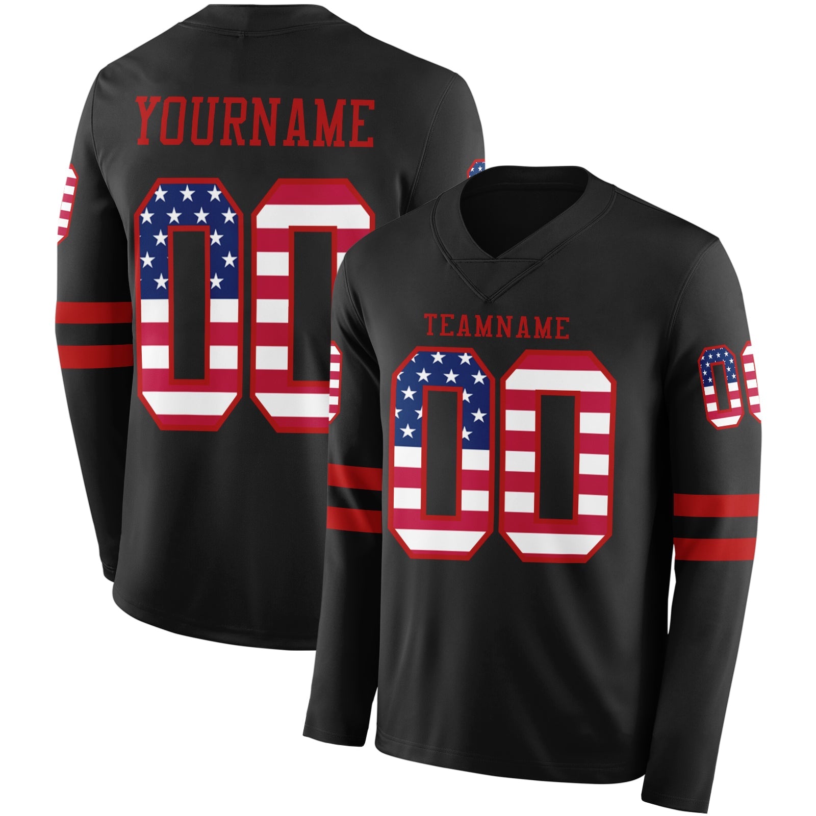 Custom Black USA Flag-Red Long Sleeve Authentic Football Jersey - Main View