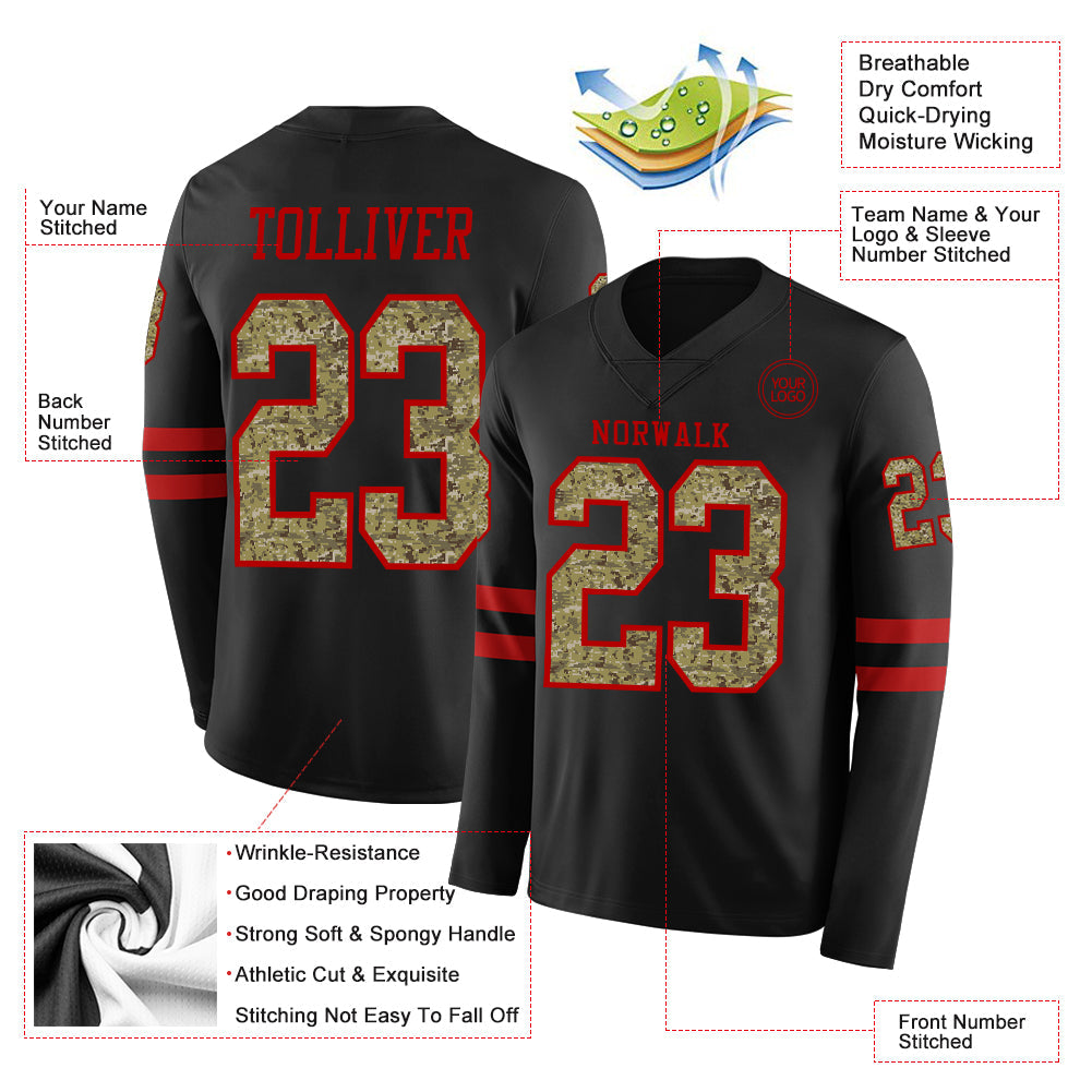 Custom Black Camo-Red Long Sleeve Authentic Football Jersey view 2