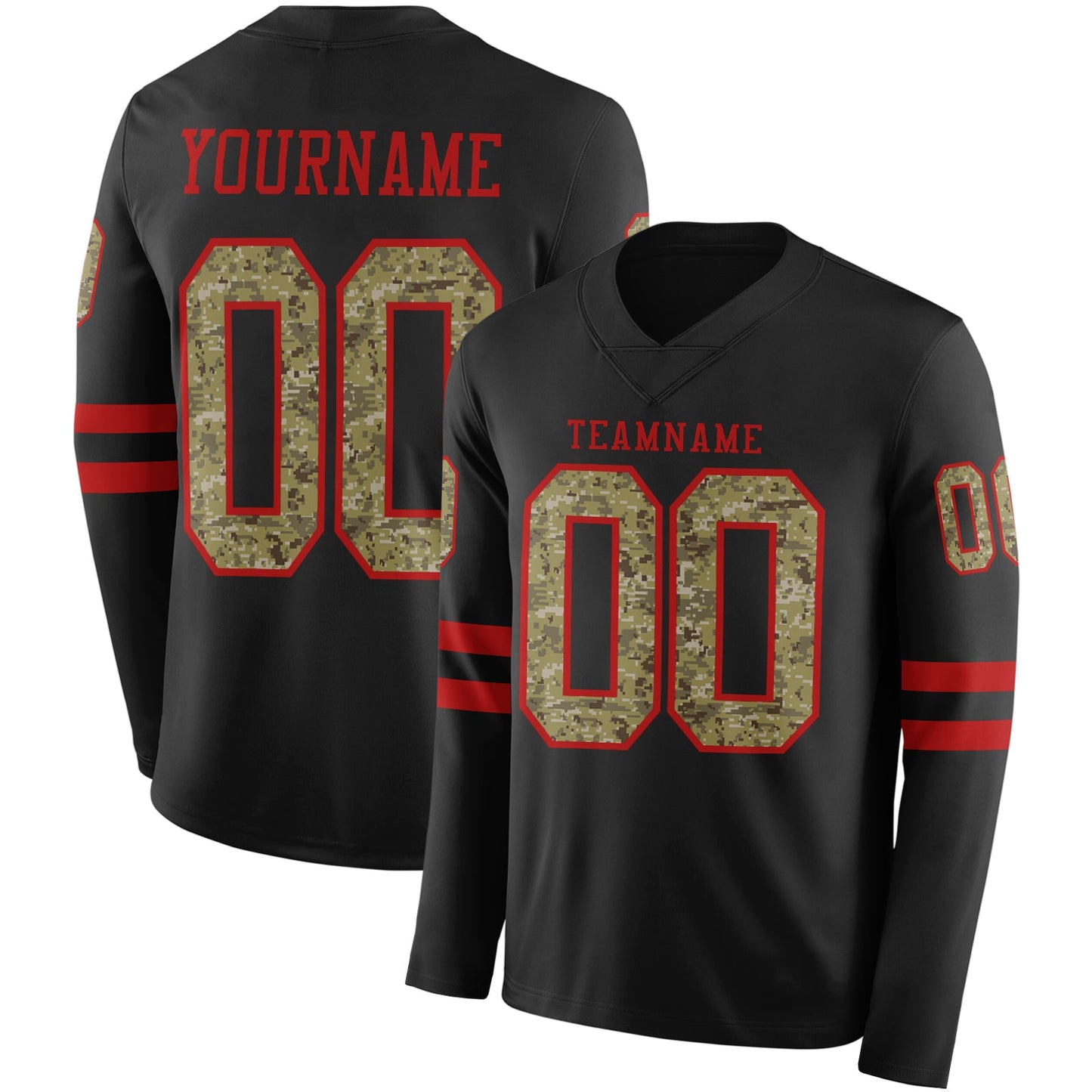 Custom Black Camo-Red Long Sleeve Authentic Football Jersey - Main View